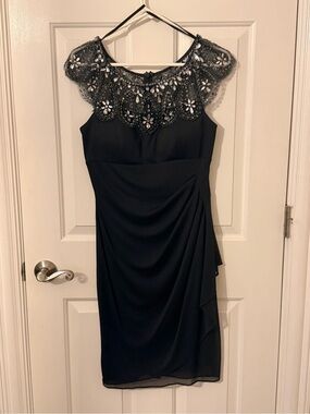 Xscape Black Midi Dress with Beaded Scalloped Yoke Accent